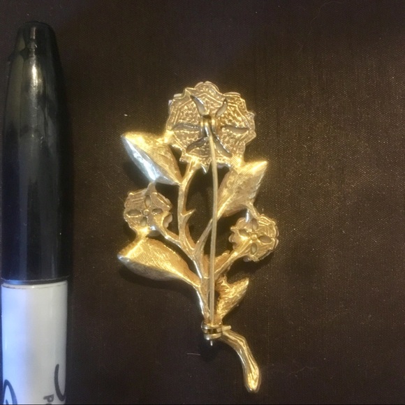 Vintage Pink Rose Flower Leaf Brooch Pin - Picture 4 of 5